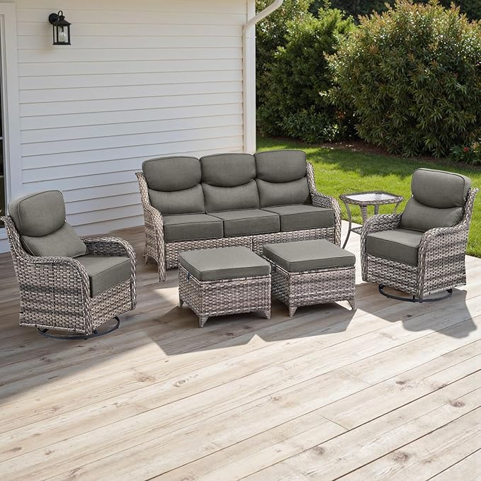 Wicker Outdoor Patio Furniture Set - 6 Piece Patio Conversation Sets with Swivel Rocker Chairs, Ottomans, Sofa and Side Table, 6 inch Cushions, Waterproof Wicker, for Porch Deck Mixed Grey/Grey