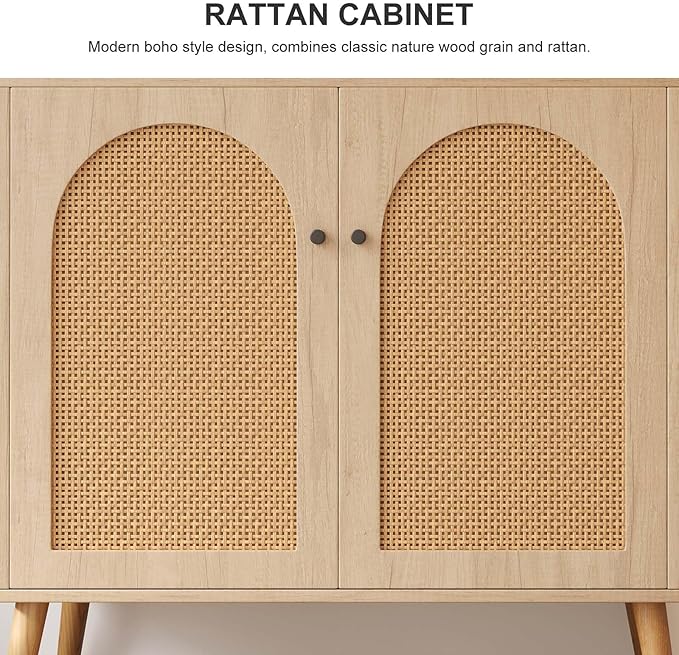 Rattan Storage Cabinet, 2-Door Boho Sideboard in Oak, Adjustable Shelf, Elegant Rattan Buffet Cabinet with Storage for Stylish Home Organization 31.5" Oak