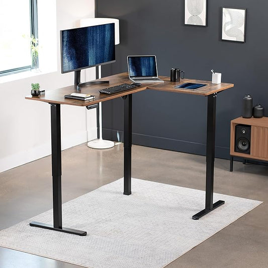VIVO Corner Standing Desk, 63 x 47 inch Reversible L-Shaped Workstation, Electric Height Adjustment, Home, Office, and Reception Rooms, Rustic Vintage Brown Table Top Black Frame, DESK-E3CTN-47