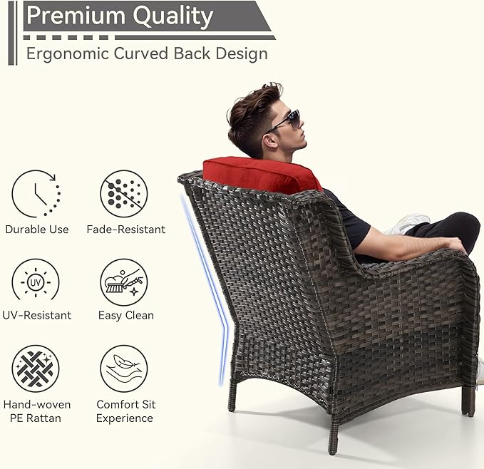 7 Pieces Outdoor Patio Conversation Set, Wicker Furniture Set Includes 3-Seat Sofa, Patio Rattan Dining Chair Set of 4, 2 Ottomans, for Porch, Yard, Mixed Brown Rattan, Red