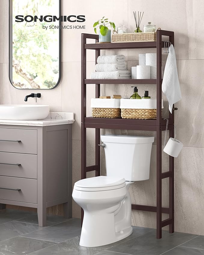 SONGMICS Over The Toilet Storage, 3-Tier Over Toilet Bathroom Organizer with Adjustable Shelf, 10.2 x 24.8 x 66.9 Inches, Space-Saving, Brown UBTS01BR