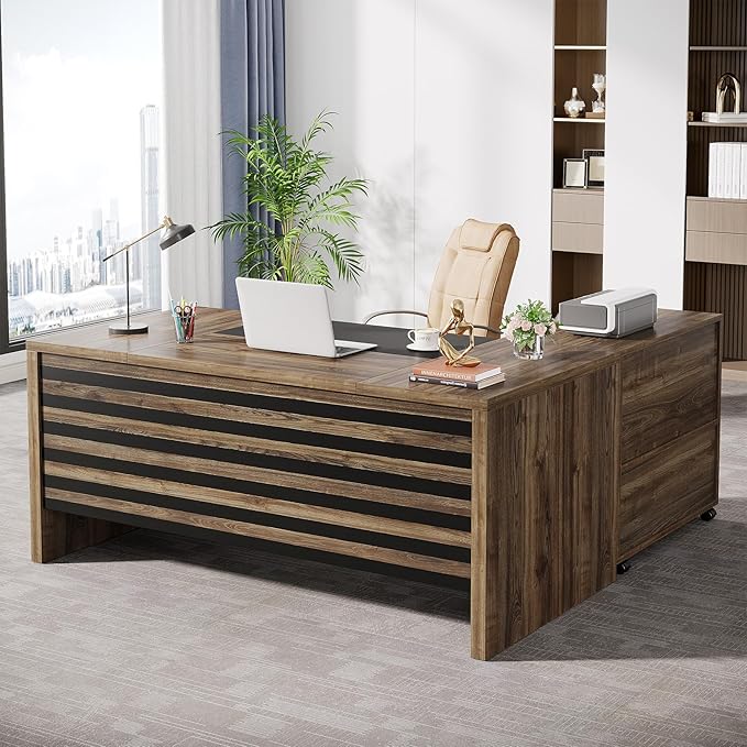 Tribesigns 62.2" Executive Desk with Mobile File Cabinet, L-Shaped Office Desk with Storage Shelves, Large Computer Desk Business Workstation Set for Home Office, Light Brown