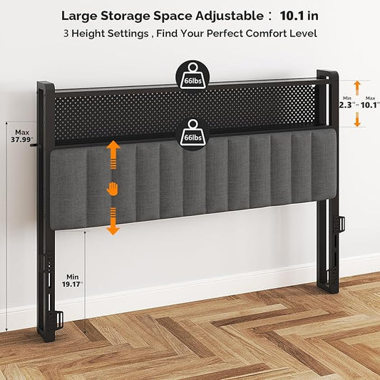VINGLI Queen Size Headboard Only, Adjustable Upholstered Headboard with 2 Tier Shelves and Pegboard with Charging Stations and LED Lights, Modern Bed Headboard with Storage for Bedroom Decor
