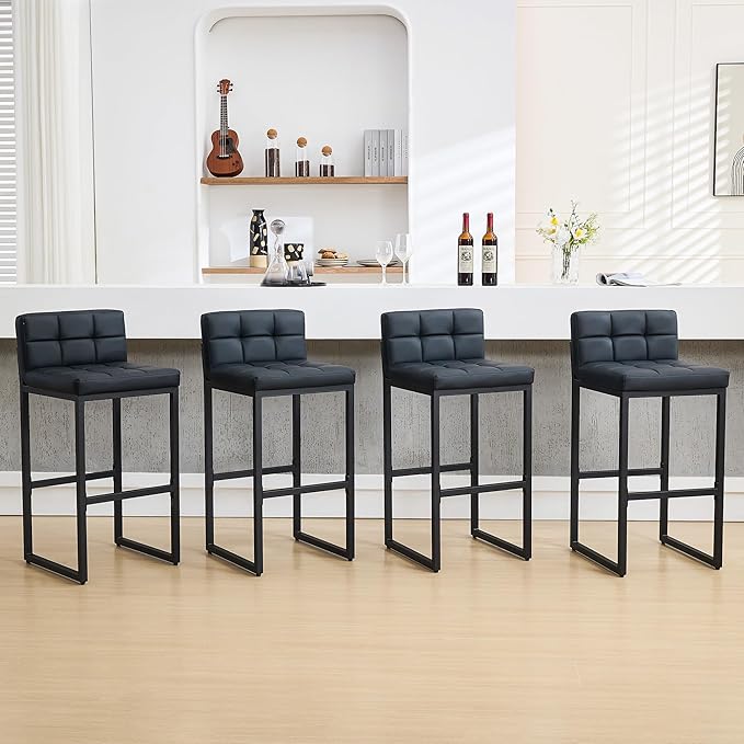Modern Bar Stools Set of 4, Upholstered Bar Height Barstools with Low Back and Thickened Metal Frame, 30-inch Tall Island Chairs for Kitchen Island, Bar, Counter (Black, 4Pcs 30" Bar Stools)