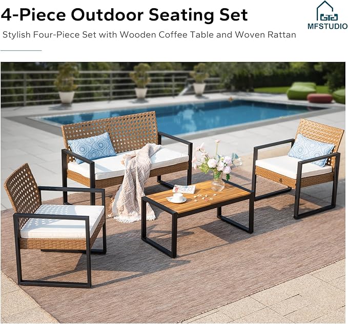 MFSTUDIO 4 Piece Wicker Patio Furniture Set, Small Patio Sofa with Loveseat & Chaise & Acacia Wood Table, Outdoor Sectional Couch with Wood Table, Beige