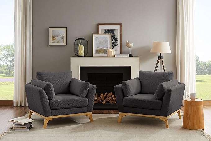 VANOMi Large-Sized Accent Chair, Thick Cushion Bedroom Reading Chair, Comfortable Living Room Single Sofa, Boucle Dark Gray