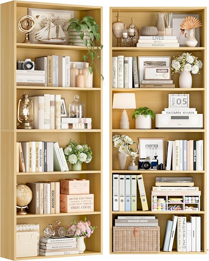 FOTOSOK 70.8" Tall Bookcase Shelf, 6 Tier Wide Bookshelf with Storage, Billy Bookcase Set of 2, Large Bookshelf for Living Room, Home Office, Natural