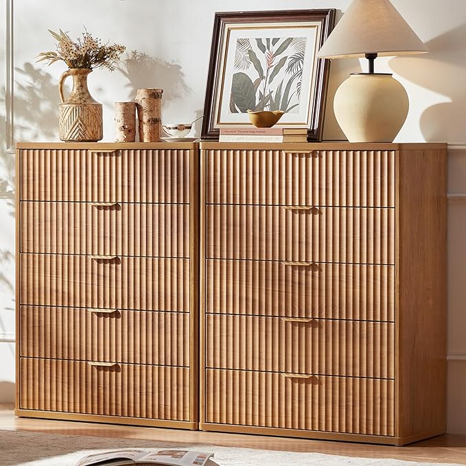 LEYAOYAO Fluted 5 Drawers Dresser for Bedroom Set of 2, 41" Tall Modern Chest of Drawers with Metal Handle, Curved Profile Design,Brown Wood Drawer Organizer for Bedroom, Living Room, Hallway