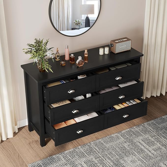 Black Dresser for Bedroom, Farmhouse 6 Drawer Double Dresser with Vintage Antique Handles, Modern Dressers and Chest of Drawers for Bedroom