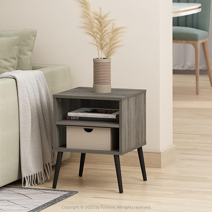 Furinno Claude Side Table, 2-Tier Square End Table with Wooden Legs, Open Shelf Night Stand, Bedside Table, for Living Room, Bedroom, French Oak Grey