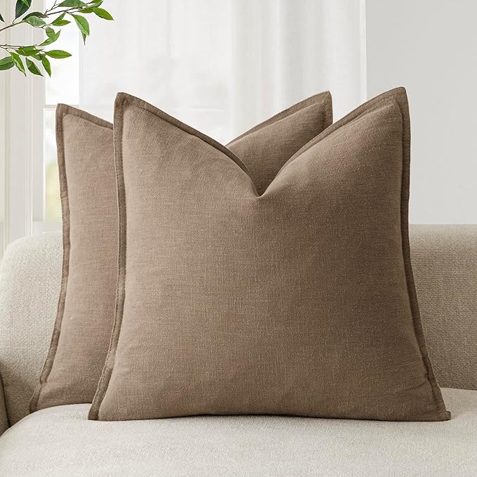 Foindtower Pack of 2, Decorative Linen Soild Throw Pillow Covers Soft Accent Cushion Case Boho Farmhouse Neutral Pillowcase for Chair Couch Sofa Bedroom Living Room Home Decor 20 x 20 Inch Light Brown