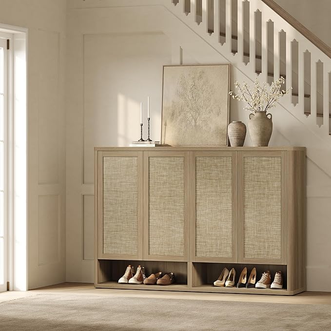 SICOTAS Rattan Shoe Storage Cabinet - Modular Shoe Cabinets with Door Tall Large Shoe Cabinet Storage for Entryway - 65.6" Wide Modular Cabinet for Hallway, Living Room