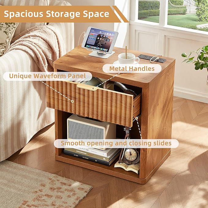 LEYAOYAO Fluted Farmhouse Nightstand Set of 2 with Charging Station, 23" Wide 1 Drawers Night Stand,Brown Dresser for Bedroom,Bed Side Table Chest of Drawers,Wood End Table for Living Room