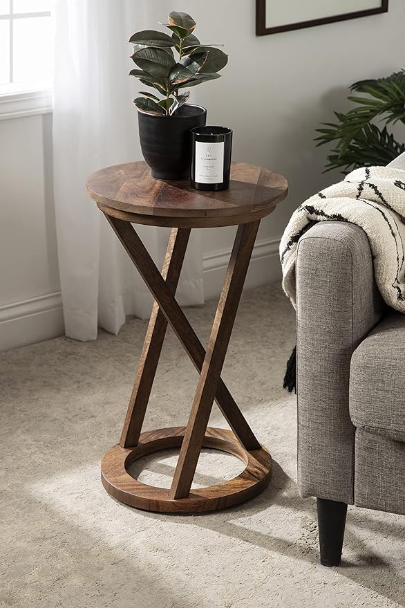 Kate and Laurel Aja Modern Side Table; 15 x 15 x 23; Walnut Brown; Decorative Modern Geometric Wood Bedroom Nightstand Table with Round Tabletop and Unique Slanted Legs