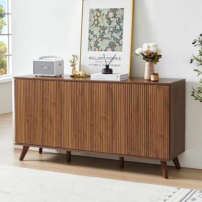 Fluted Sideboard Buffet Cabinet with Storage, Modern Storage Cabinet with 3 Doors, Wood Credenza Buffet Sideboards, Console Table for Kitchen Dining Living Room Entryway (Walnut)