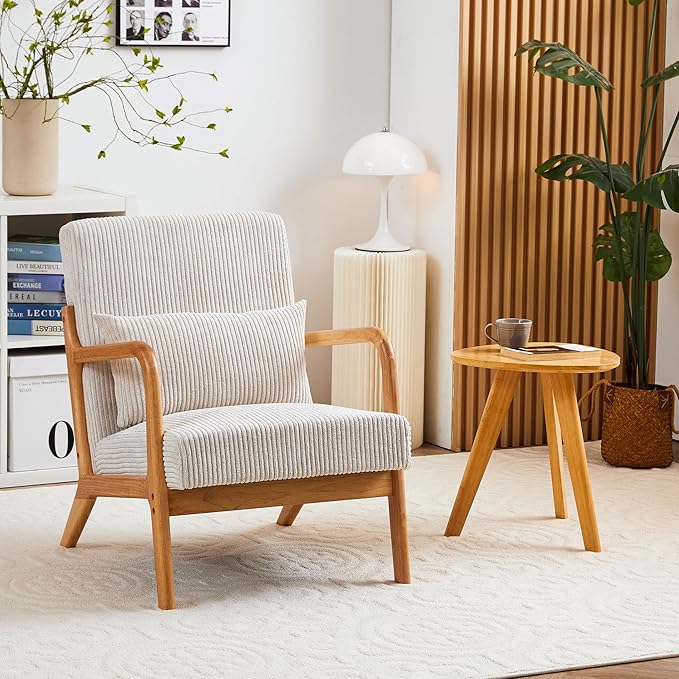 Accent Chairs, Mid-Century Modern Chair with Pillow, Armchair with Solid Wood, Reading Relaxing Leisure Chair for Living Room(Beige)