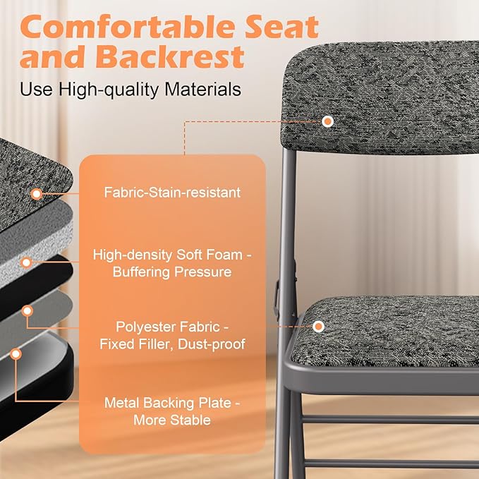 Commercial Grade Folding Chair with Padded Fabric Cushion(16"X16" |Double-hinged Legs Luxury Style|4.5kg Capacity Max Weight 150Kg for Home and Office,Indoor and Outdoor Events (4, Fabric-Grey)
