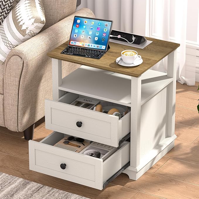 HIFYOBRO Large End Table Set of 2, Flip Top Charging Station and 2 Drawers, Type-C & USB Port & Power outlets, Wooden Storage Cabinet, Side Table with Storage for Living Room and Bedroom (White)