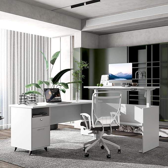 70" W L‑Shaped Executive Standing Desk with Storage Cabinet, Electric Corner Height Adjustable Workstation for Dual Screens, Printer, and Office Essentials