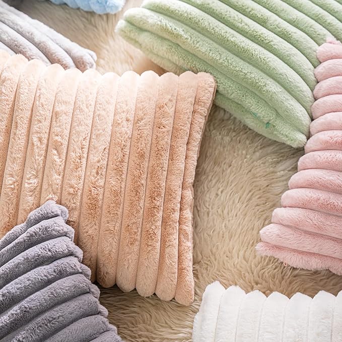 DEELAND Pack of 2 Faux Fur Plush Decorative Throw Pillow Covers Fuzzy Striped Soft Pillowcase Cushion Covers for Sofa Couch Bedroom 16x16 inch