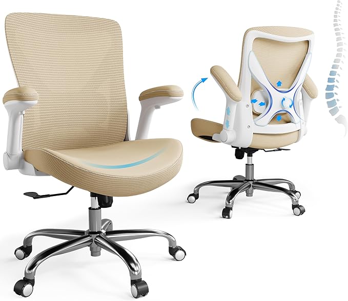 Office Home Ergonomic Desk Chair-Computer X-Shaped Chair Mesh PU Leather with Adjustable Lumbar Support-Executive Chair High Back Flip-Up Arms for Long Hours (Khaki-No Headrest)