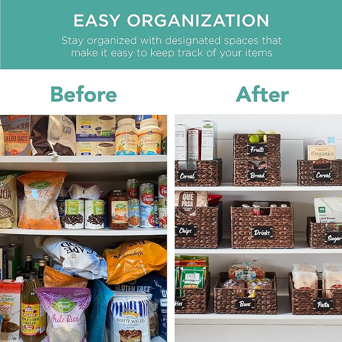 Best Choice Products Set of 4 13x12in Water Hyacinth Pantry Baskets, Woven Organizers w/Chalkboard Label, Chalk Marker - Brown