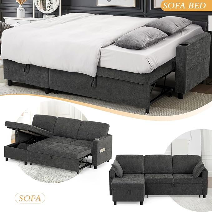 84" Fabric Pull Out Sofa Bed w/Adjustable Backrest, L-Shape Modern Sleeper Sofa w/Reversible Chaise, Upholstered Sectional Couch w/USB Port and Side Pockets for Living Room, House, Grey