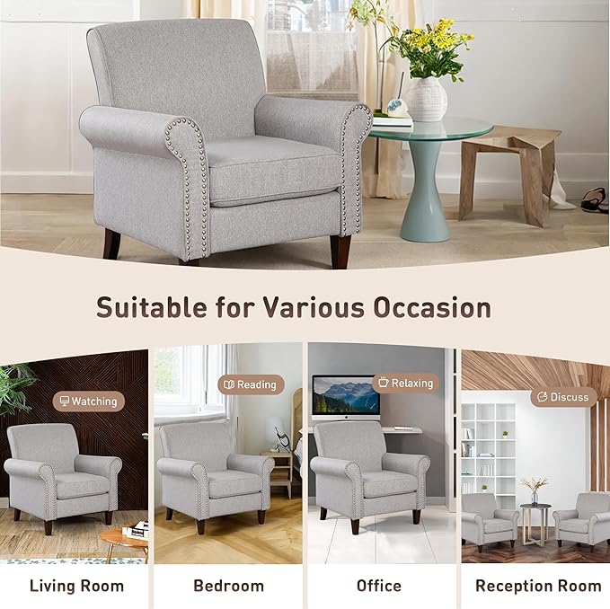 Prilinex Upholstered Living Room Chair Set of 2 - Large Comfy Fabric Accent Chair Single Sofa with Cushion, Rolled Armrest & Nailhead Trim, Mid Century Modern Armchair for Bedroom, Office, Grey