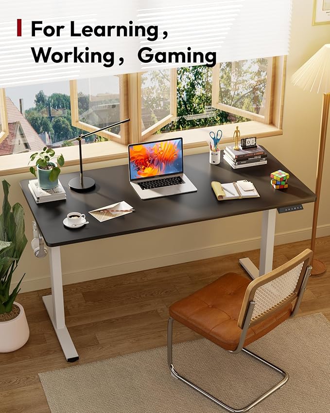 SANODESK Electric Standing Desk 48 x 30 Inches Whole-Piece Desktop Height Adjustable Stand Up Desk w/6-Button Controller Ergonomic Computer Desk for Home Office, White Frame + Black Tabletop