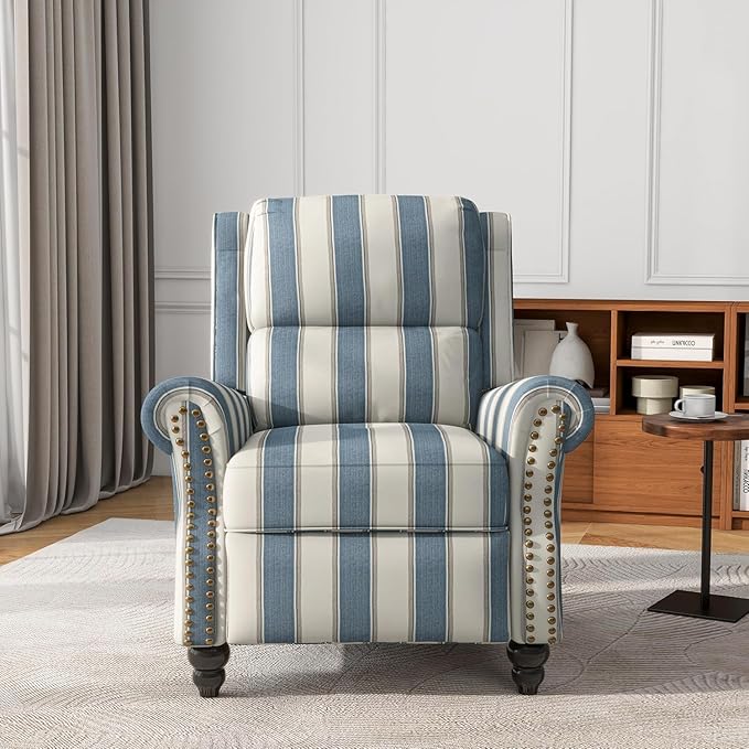 UIXE Pushback Recliner Chairs Set of 2, Fabric Overstuffed Armchair Push Back Accent Chair for Living Room, Rivet Trim Club Chair Home Theater Bedroom Side Reading Seats - Strip Navy