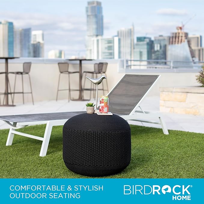 BIRDROCK HOME Outdoor Pouf Ottoman | Hand Woven Waterproof Foot Stool with Bead Bag Filling | Boho Foot Rest for Patio, Living Room, Porch & Outdoor Seating | Lightweight, Soft Stuffed Chair | Black