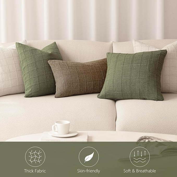 Foindtower Set of 2 Decorative Linen Check Throw Pillow Covers Neutral Farmhouse Vintage Cushion Covers Modern Boho Home Decor for Sofa Chair Couch Bedroom Living Room,20×20 Inch,Sage Green