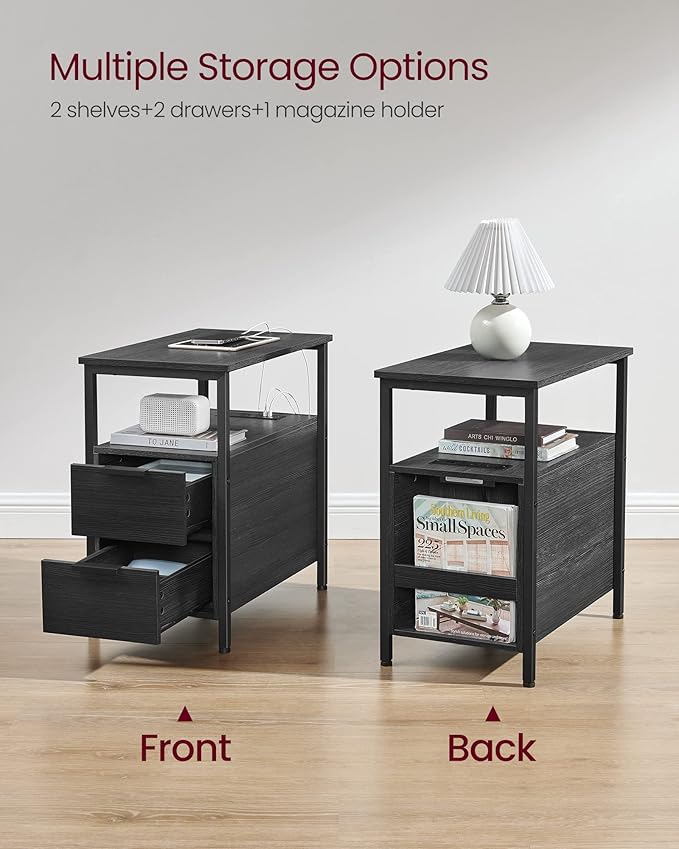 VASAGLE Side End Table with Charging Station, Slim Nightstand with 2 Drawers, Narrow Bedside Table for Living Room, Small Spaces, Charcoal Gray and Ink Black ULET321B22