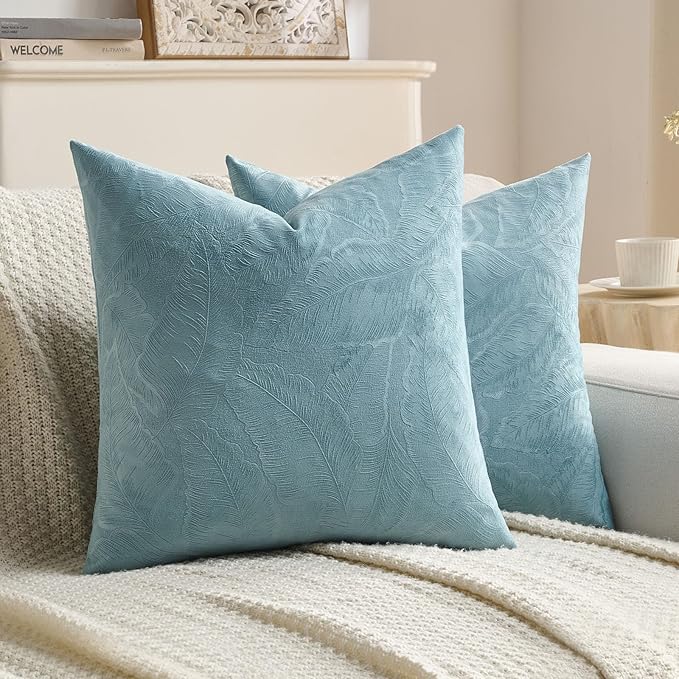 FUTEI Grey Blue Velvet Throw Pillow Covers 26x26 Inch Set of 2,Soft Embossed Leaf-Relief Textured Euro Pillow Shams,Natural Home Decor for Couch Living Room