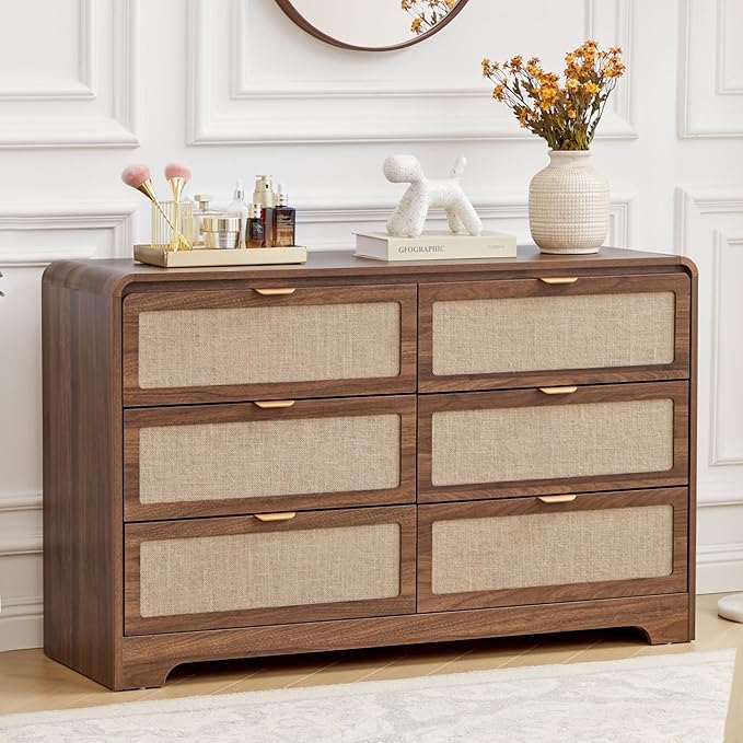 6 Drawer Dresser for Bedroom, 48" Wide Curved Wooden Dresser with Natural Linen & Metal Handle, Mid Century Modern Chest of Drawers Closet Clothes Storage Organizer for Living Room, Walnut