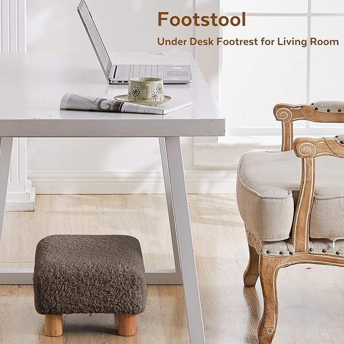 Small Foot Stool Ottoman, Sherpa Footstool Ottoman Foot Rest for Couch, Rectangle Footstools and Ottomans Small for Living Room, Entryway and Bedroom (Brown)