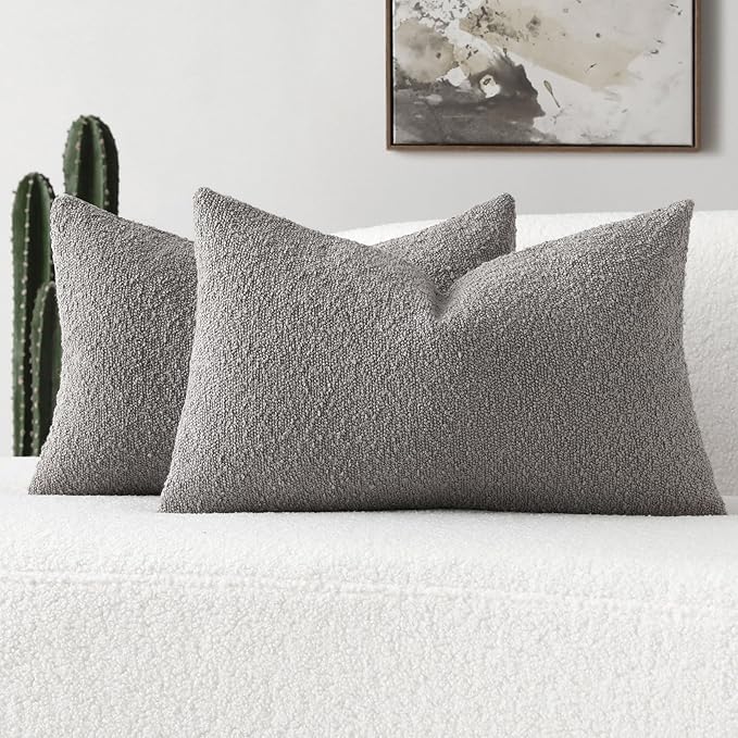 FUTEI Pack of 2 Light Grey Decorative Throw Pillow Covers 12x20 Inch Soft Cozy Solid Boucle Textured Lumbar Pillow Cases,Modern Home Decor for Couch Bed Living Room