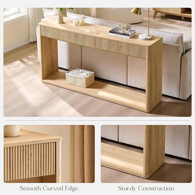 OKD 63" Fluted Console Table for Entryway, Modern Entryway Table with 2 Large Drawers, Long Sofa Table Behind Couch for Living Room, Hallway, Couch, Foyer,Natural Oak