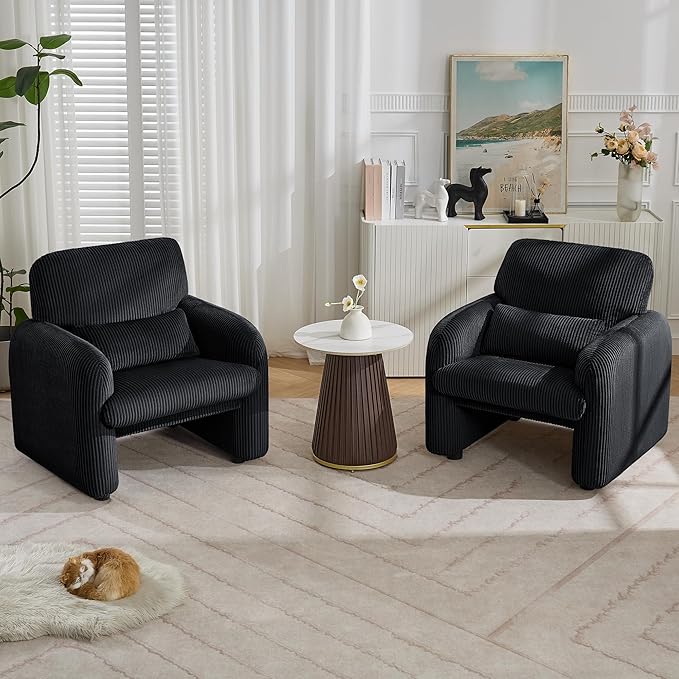 Corduroy Fabric Accent Chairs Set of 2, Modern Upholstered Living Room Chairs with Lumbar Pillow, Wide Comfy Leisure Armchair for Bedroom, Office, Reading, Black