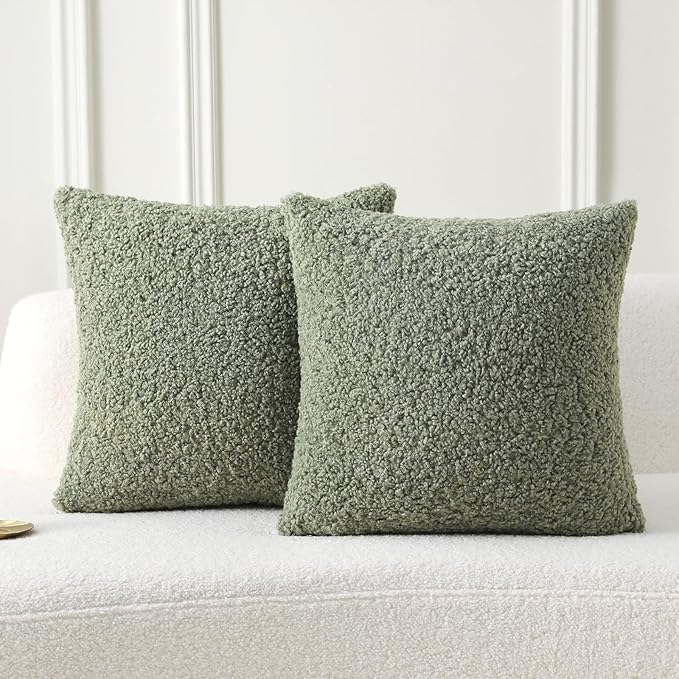FUTEI Sage Green Throw Pillow Covers 24x24 Inch Set of 2,Furry Faux Fur Teddy Boucle Textured Cushion Covers,Soft Fluffy European Pillow Shams,Home Decor for Couch Bed Living Room Office Car
