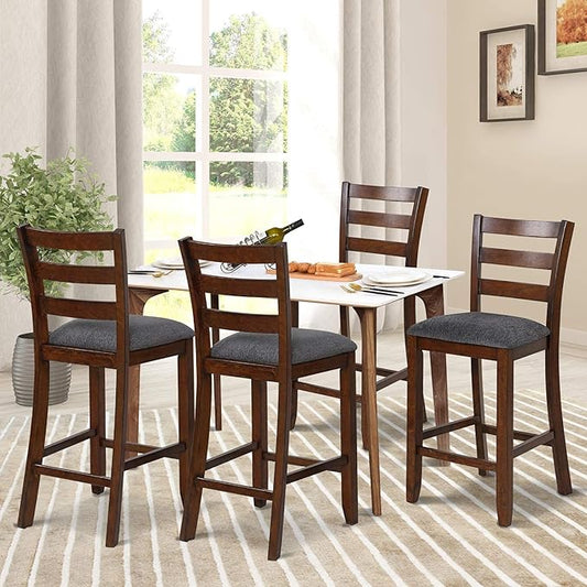 COSTWAY Set of 4 Counter Height Bar Stool, 25.5-Inch Upholstered Bar Stools with Solid Rubber Wood Frame, Foam-Padded Cushion, Footrest, Kitchen Chair for Bistro, Living Room, Grey and Brown