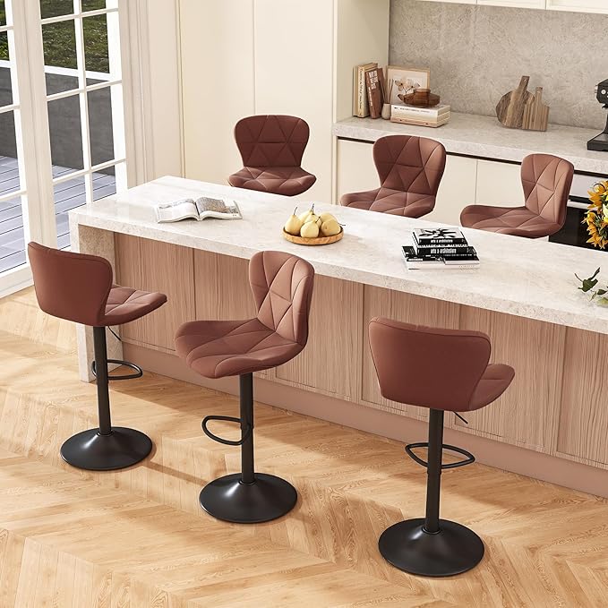 Bar Stools Set of 6,Adjustable Swivel Barstools, Faux Leather Bar Chairs,Upholstered Counter Height with High Backrest for Kitchen Island, Brown