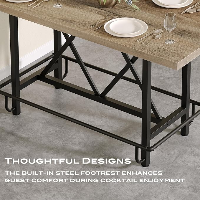 Tribesigns Bar Table, Industrial Counter Height Pub Table with Metal Footrest, 63-Inch Rectangle Wood Kitchen Dining Table with Sturdy Metal Frame for Dining Room, Home Bar (Gray)