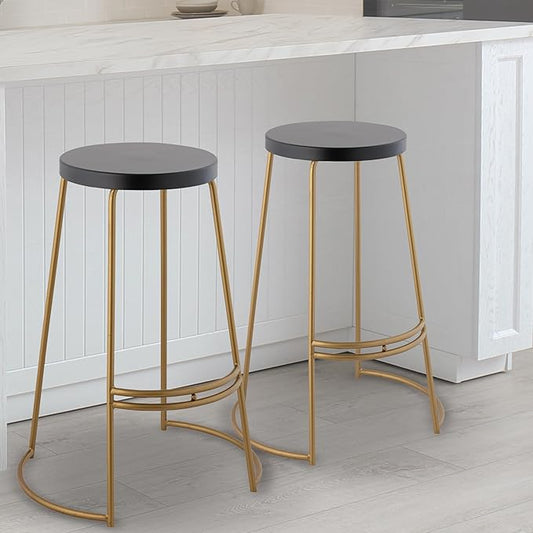 JONATHAN Y BSL1001A Hula 28.75" Modern Designer Iron Curved Backless Bar Stool for Home, Kitchen, Dining Room, Workspaces, Cafes and Resturants, Black Seat with Gold Frame