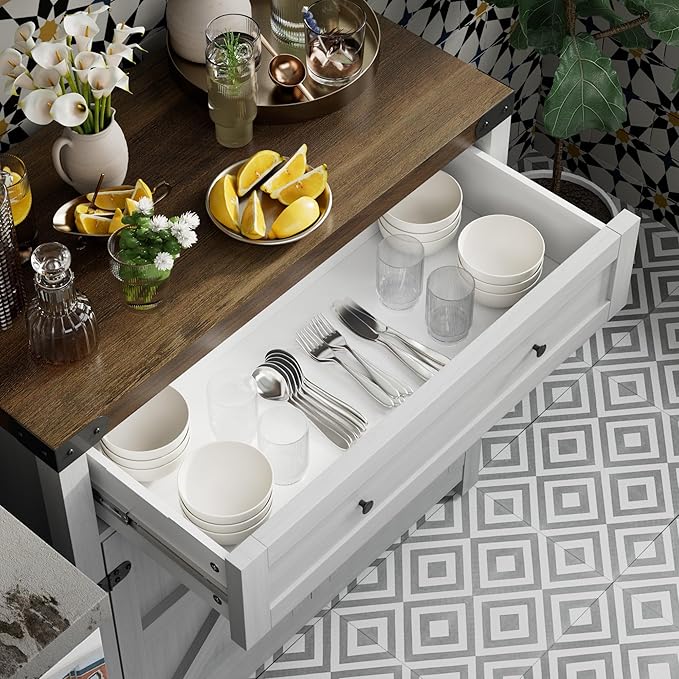 JUMMICO Coffee Bar Cabinet Farmhouse Kitchen Sideboard Buffet Cabinet with Drawer and Adjustable Shelf Barn Door Storage Cabinet for Kitchen, Dining Room, Bathroom, Entryway(White)