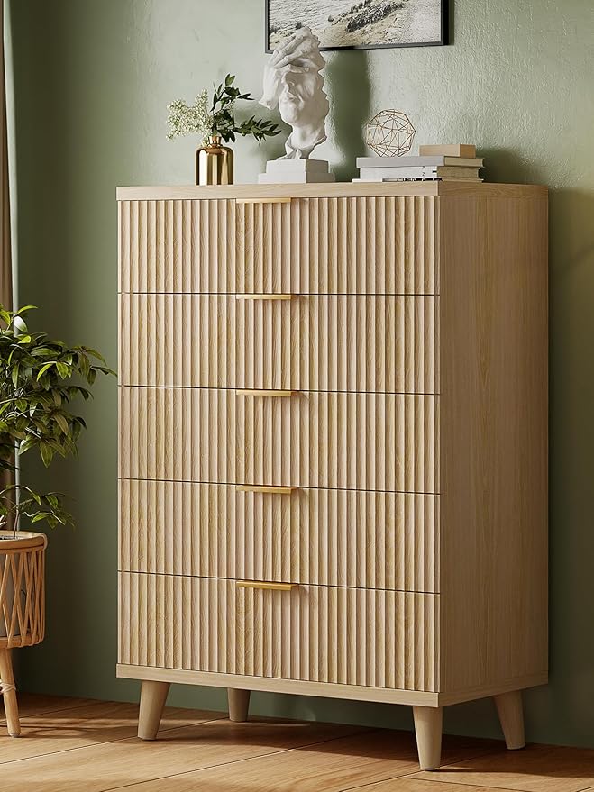 Lulive Dresser for Bedroom Wood Tall Dressers Drawers, Fluted Modern Dresser 5 Drawers Natural