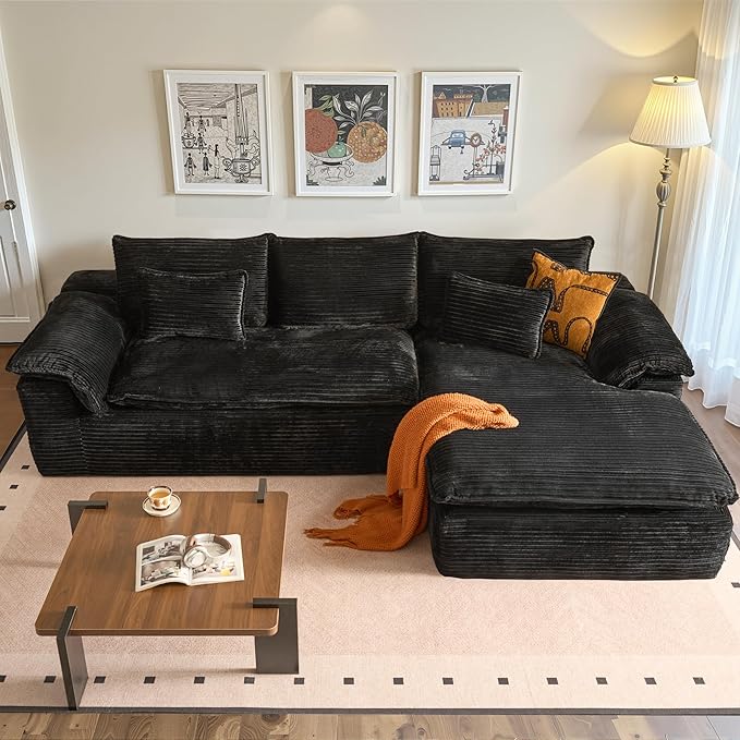 113 in Oversized Cloud Sofa with L Shape Chaise, Sectional Couches for Living Room, Assembly Free Modular Comfy Corduroy Sofa with Right Facing Chaise Longue for Home Apartment (Right Chaise, Black)
