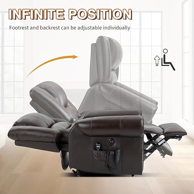 Luxlen Power Lift Recliner Chair for Elderly, Dual Motor Massage Recliner with Lumbar Heat, Heavy Duty Motion Mechanism Lift Chair with Charge Ports, Genuine Leather - Antique Brown
