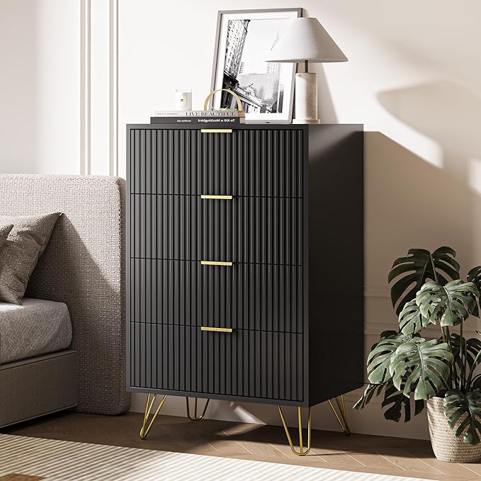 Black Dresser for Bedroom, 4 Drawer Dresser with Gold Metal Handles & Chests of Drawers, Chests of Drawers for Hallway, Bedroom