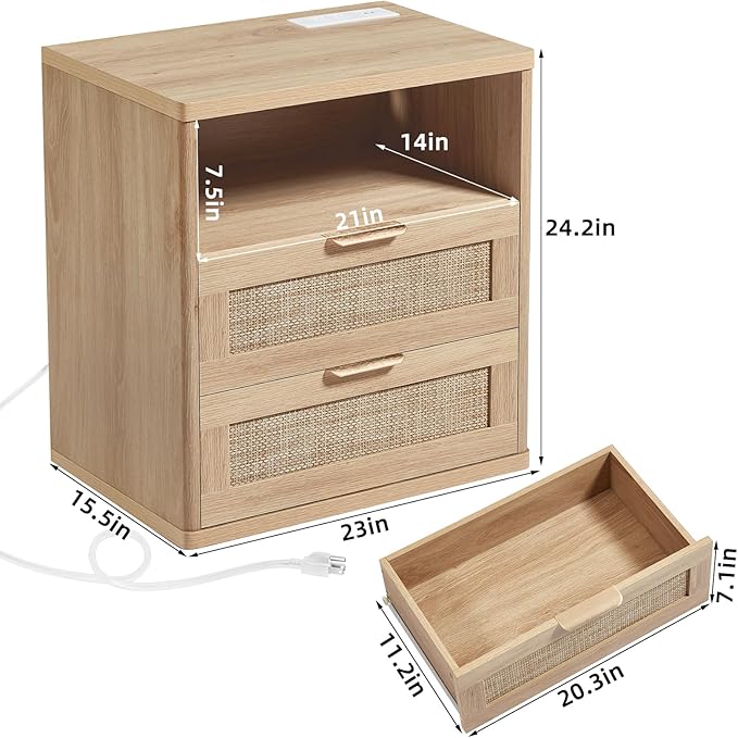 LEYAOYAO Rattan Nightstands Set of 2 with Charger Station, 23" Wide Boho Night Stand with 2 Drawers, Natural Wood Bedside Table Open Shlef, Bed Side End Table Dresser for Bedroom, Living Room Hallway